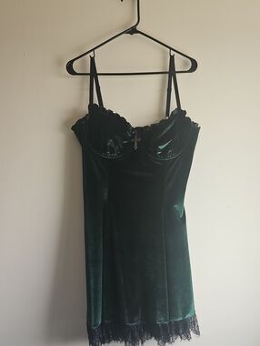 Emerald Green Velvet Slip Dress with Lace Trim